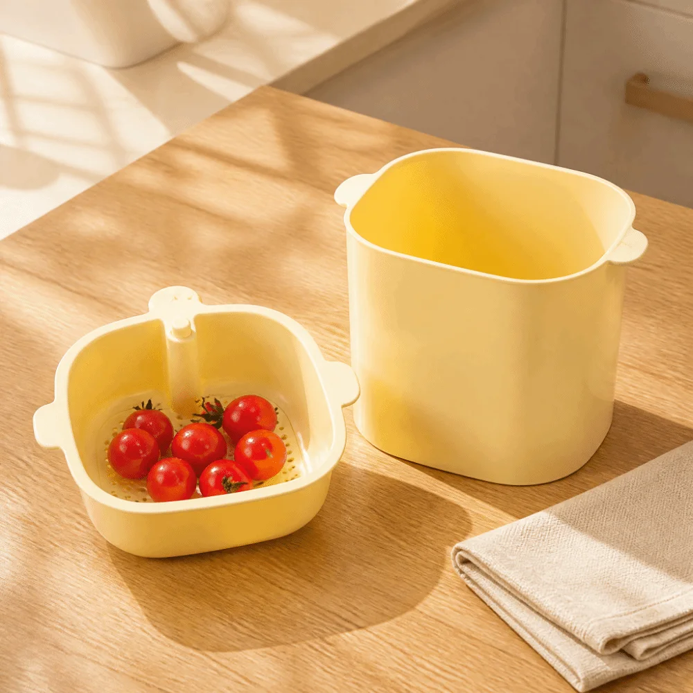 Detachable Draining Basket Garbage Can Pressable Sturdy Countertop Waste Bin Plastic Two-Tier Draining Basket