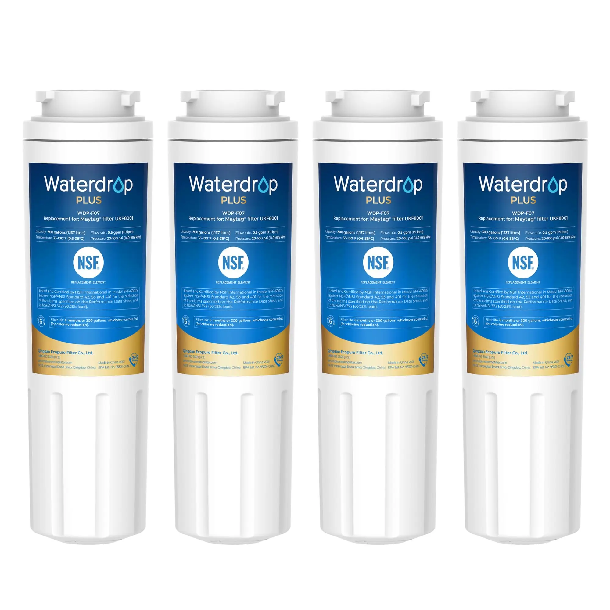 Waterdrop Plus UKF8001 NSF 401 Certified Refrigerator Water Filter, 4 Pack Reduce PFAS, Replacement for Whirlpool® Everydrop® Filter 4, EDR4RXD1, Maytag® UKF8001AXX, 46-9006, Puriclean II, FMM-2