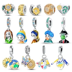 Sterling Silver 925 Original Starry Sky Sunflower Green Wheat Field Oil Painting Charms Beads for Women DIY Fine Jewelry Gift