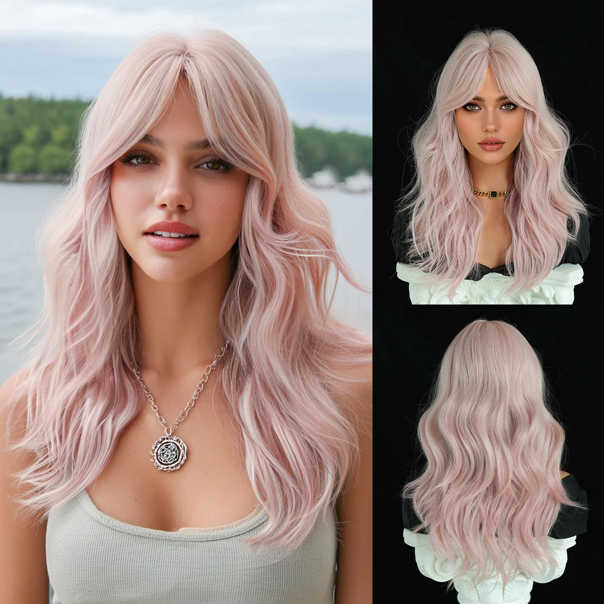 NAMM Neue modische lange gewellte hellrosa Perücken, natürlich aussehende, hochwertige synthetische Perücke aus Fasern für Frauen, für den täglichen Cosplay-Gebrauch