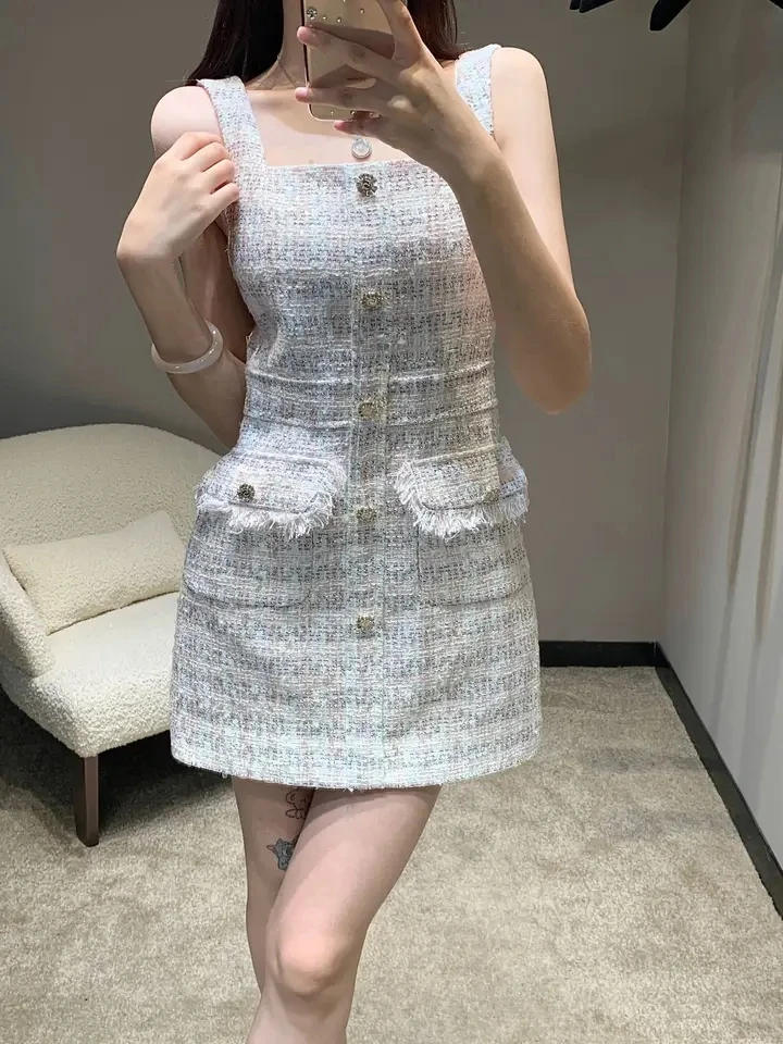 2024SS Summer Sexy Women Luxury Sequined Tassel Tweed Sleeveless Vest Dress for Female