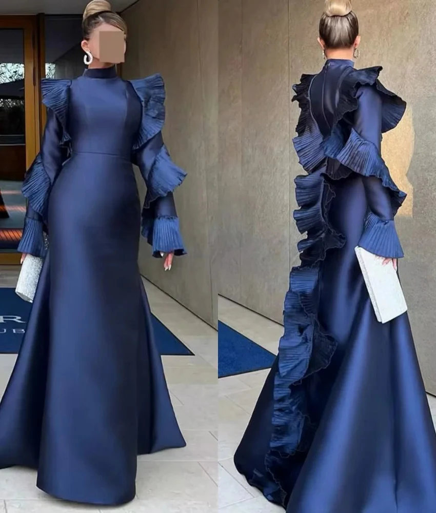 

Customized Formal Satin Mermaid Ruffles Evening Dress Delicate Long Sleeves High Collar Floor Lengthفساتين سهرة