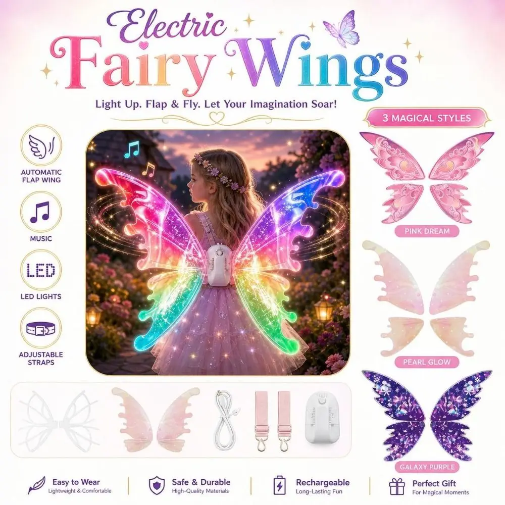 Light Up Electric Fairy Wings with LED Lights Automatic Flap Moving Butterfly Wings with Music Adjustable Straps