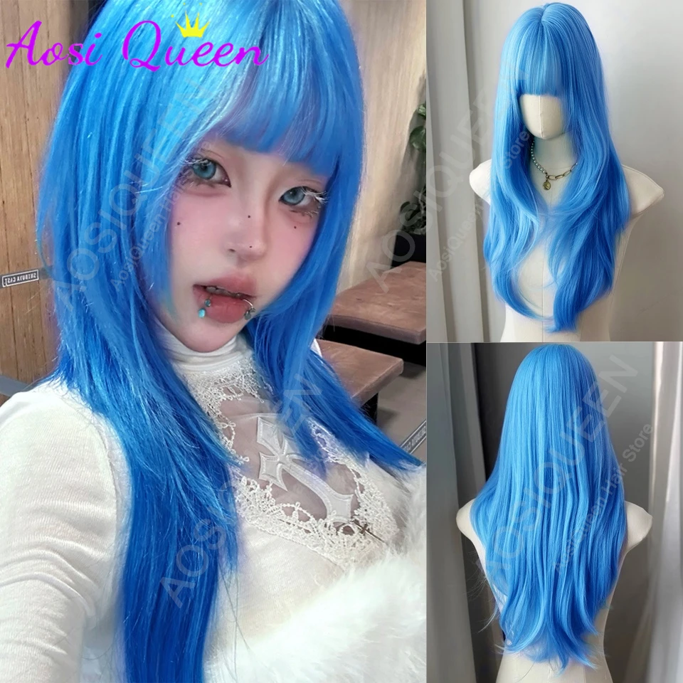 

AOSI 24-дюймовый синий парик, длинный прямой многослойный синтетический парик для женщин, модный парик для повседневного костюма на Хэллоуин, вечерние, косплей ﻿ LM
