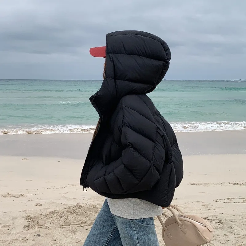 Warm Thick Hooded Quilted Puffer Coat Elastic Hem Side Pockets Windproof Boxy Silhouette Cropped Solid Tone Winter Outerwear