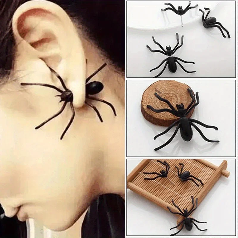 2pcs Halloween Funny Spider Stud Earrings, Girls Creepy Black Spider Ear Stud Earrings, Halloween Costumes Party DIY Decoration