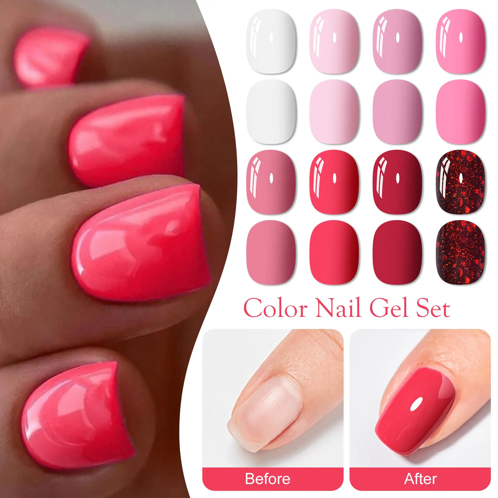 12-teiliges Gel-Nagellack-Set, rosa, rot, fluoreszierende Farbe, semi-permanent, Soak Off UV-Gel-Lack, Maniküre, Nagelkunst-Set, Basis- und Deckmantel
