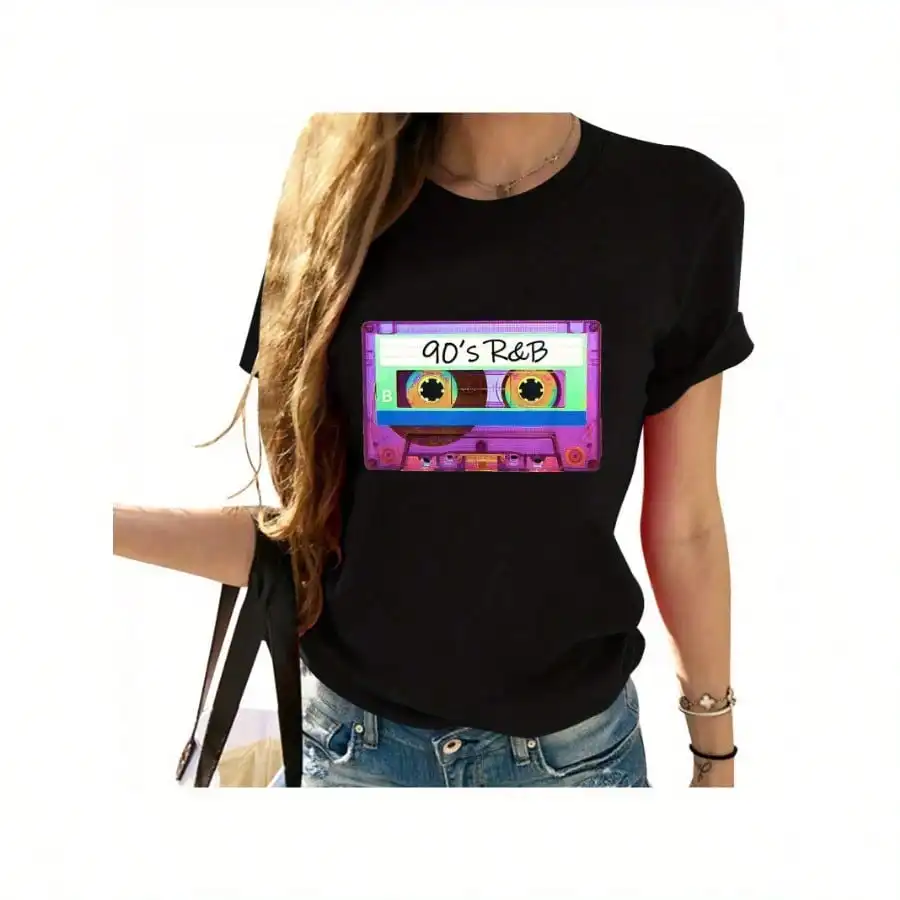 

Retro '90s R&B Inspired Women's Black T-Shirt - Comfortable Fit, Machine Washable, Casual Style With Colorful Cassette Print,