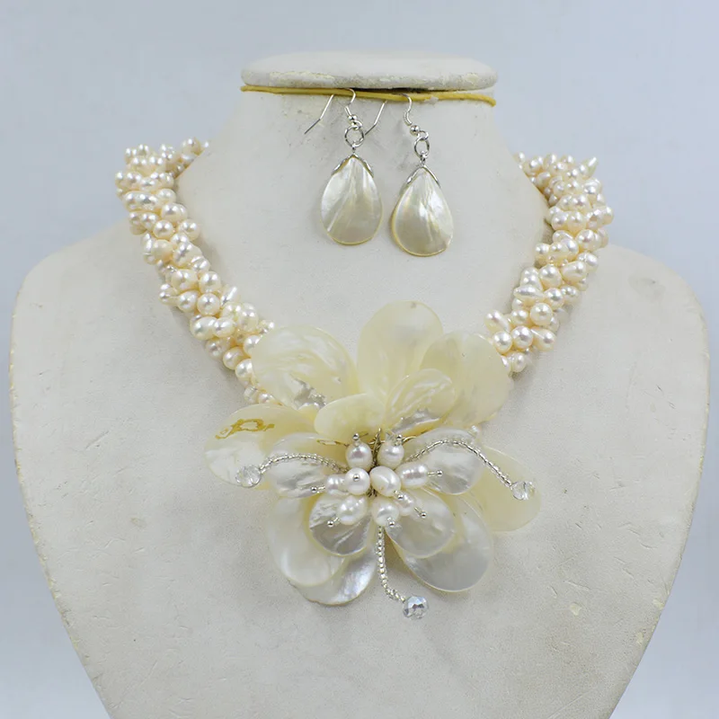 Brand new 4 strand 6MM 100% natural freshwater pearls/ocean shells. Handwoven Flower Necklace/Earring Set 20 \