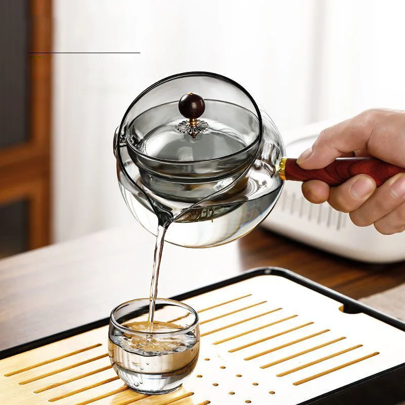 Portable Tea Set Glass Fine Tea Pot Office Home Open Fire Heating Wooden Handle 360 Degree Rotation Heat-resisting Teapot ZD122