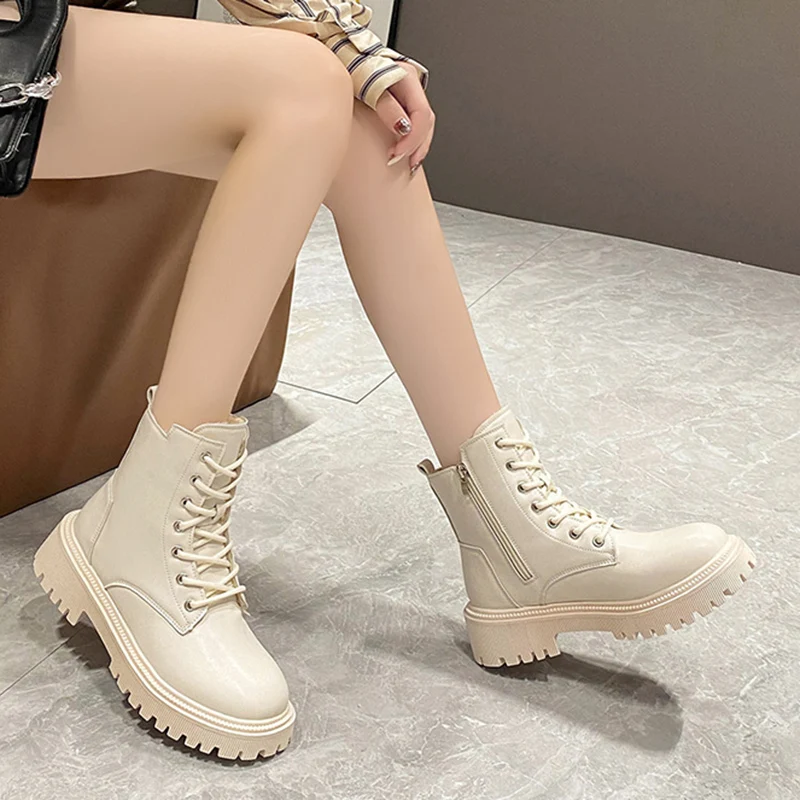 Chunky Heels Lace Up Combat Boots Women Winter Warm Short Plush Ankle Boots Woman Platform Non-Slip PU Leather Short Botas Mujer