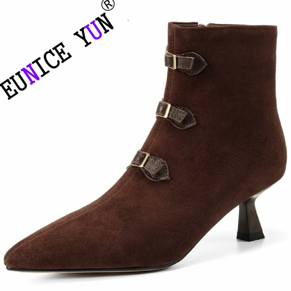 

【EUNICE YUN】Women Handmade Genuine Leather Ankle Boots Pointed Toe Buckle Strap Shoes Woman Motorcycle Mid Heel booties 33-40
