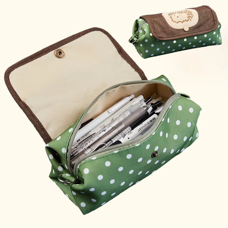 Hedgehog Pencil Case Flap Canvas Pen Pouch Large Capacity Stationery Organizer Cute Polka Dot Zipper Storage Bag School Supplies