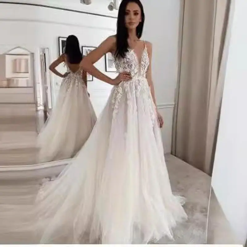 Robes de mariée Boho sexy à col en V profond, dentelle de fibre A-ligne, petit train de balayage, fermeture à glissière, robe dos nu pour patients, robe éducative