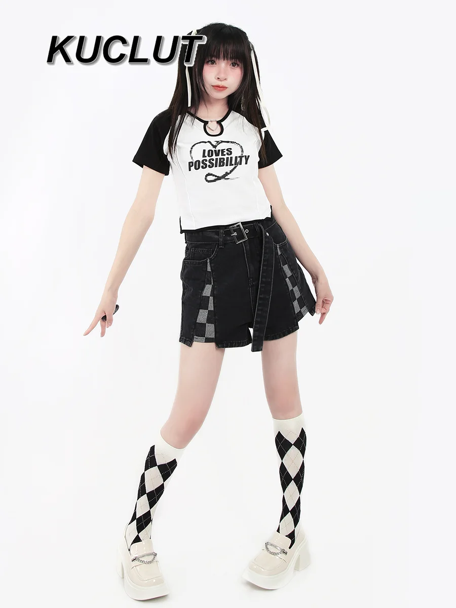 

Crew Neck Tees Patchwork Hollow Heart Cool Lady Short Sleeve T-Shirts Slim Fit 2025 New Cotton Fashion Summer Women's Tops