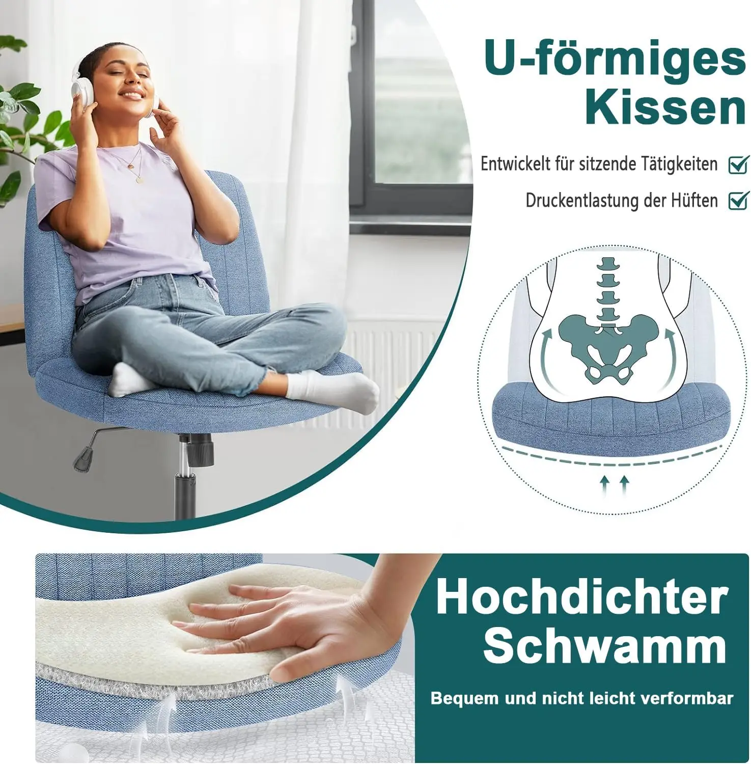 كرسي مكتب متقاطع الأرجل، مقعد عريض بدون ذراع بدون عجلات، دوران حديث لارتفاع المكتب المنزلي قابل للتعديل #5