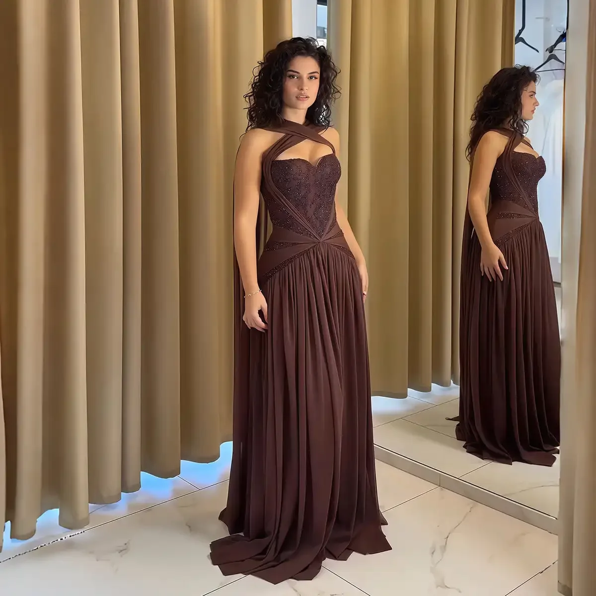 Arabia Strapless Pleat Shiny Brown Evening Dresses Formal Party Gowns For Women Sleeveles Elegant Prom Dresses Customized