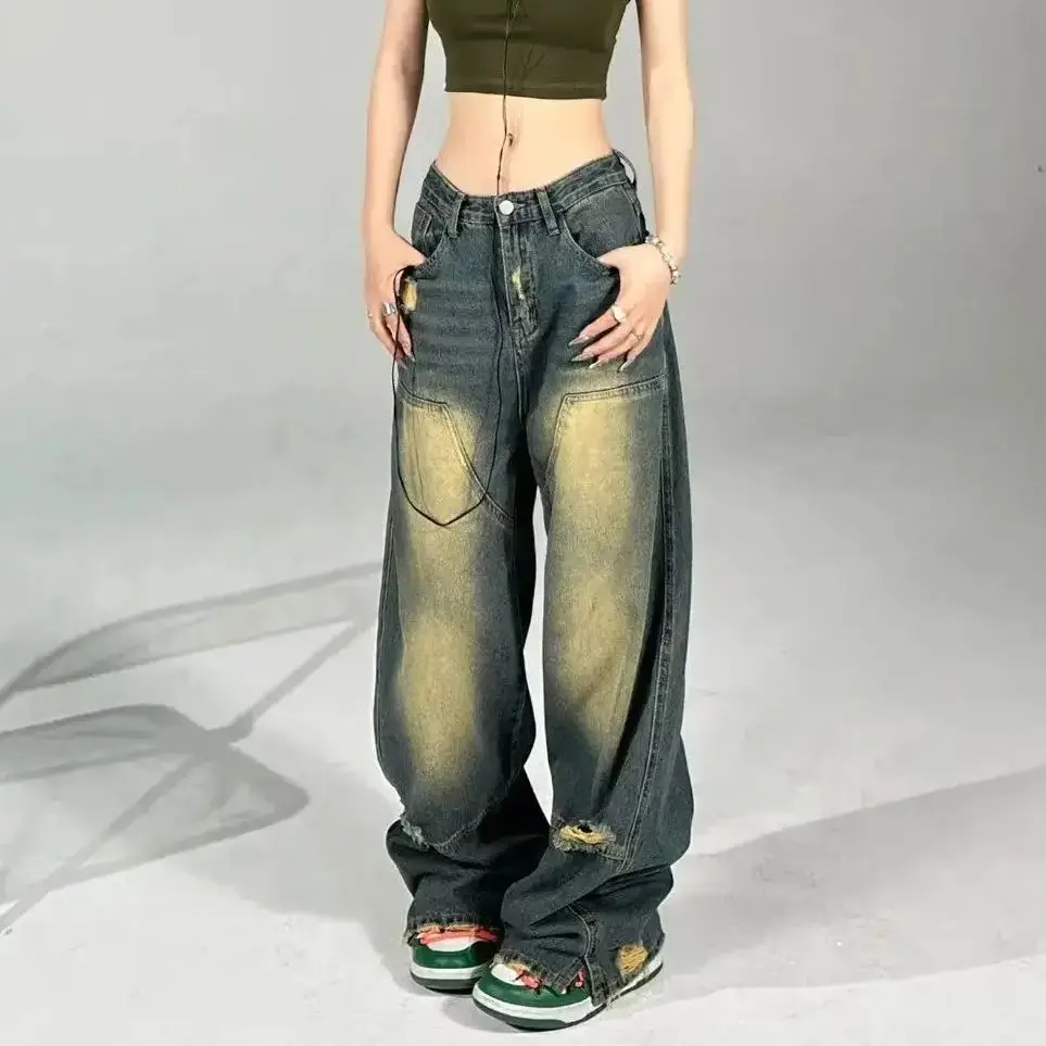 

Jeans American Fashion Trend Hot Women New Street Hip Hop Retro Joker Straight Wide Leg Pants Unisex Casual Loose Denim Trousers