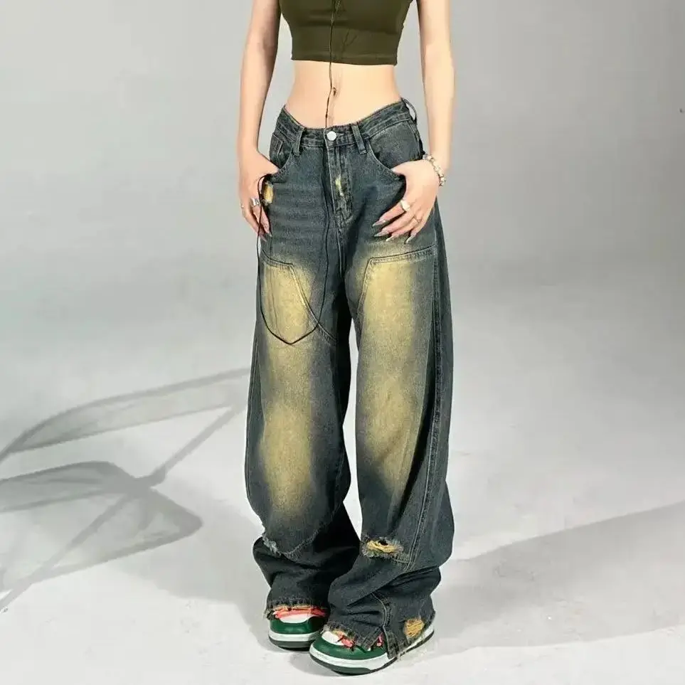 Jeans American Fashion Trend Hot Women New Street Hip Hop Retro Joker Straight Wide Leg Pants Unisex Casual Loose Denim Trousers