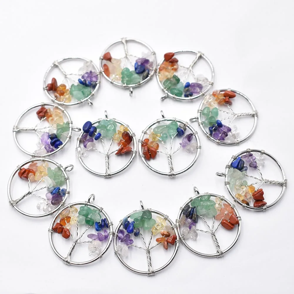 Wholesale 12pcs/lot 7 Chakra Natural Stone Wrap Wisdom Tree of Life gold colour Plated Round Pendants for necklace making