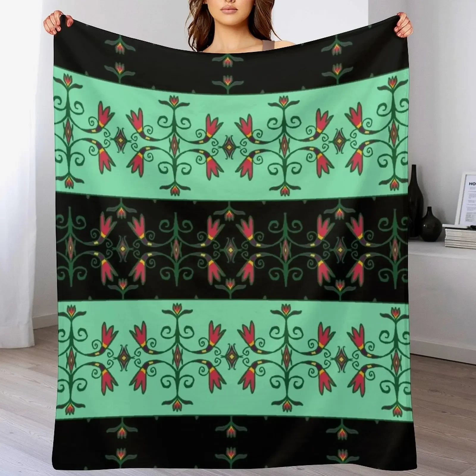 Green Anishinaabe Floral Throw Blanket Cozy Warm Blanket for Bed Room Decor