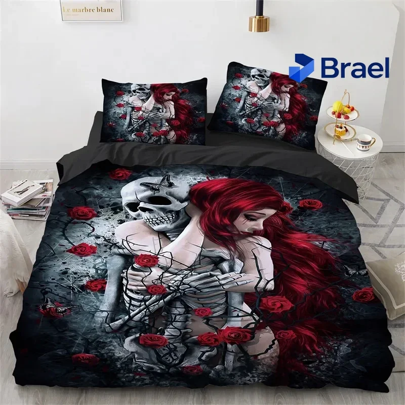 Exquisite Skull Girl Day Dead Bride Dark Color Roses Bedding Set Boys Girls Twin Queen Size Duvet Cover Pillowcase Bed Kids Adul