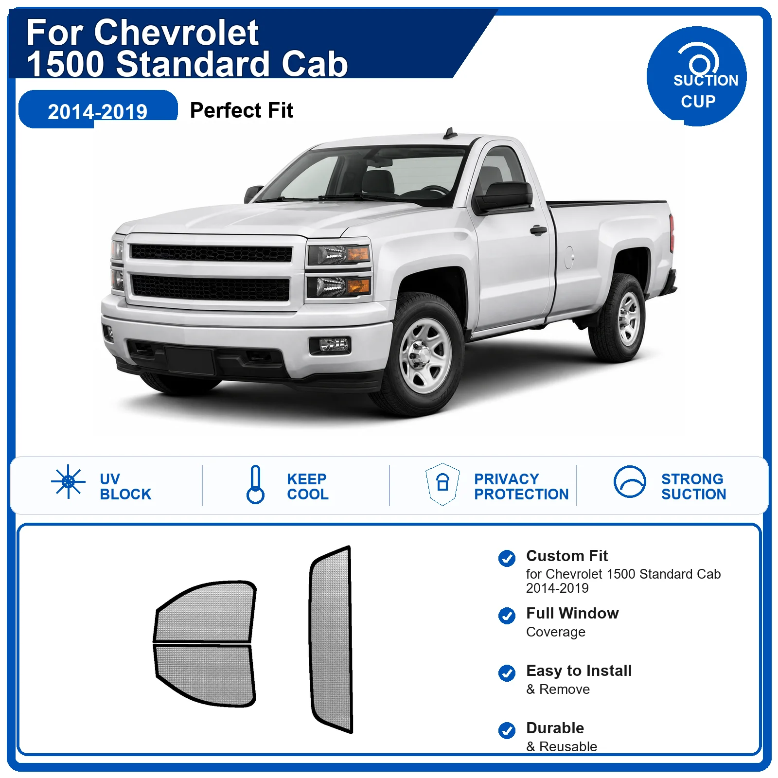 For Chevrolet 1500 Standard Cab 2014-2019 Custom Full Set Windshield Sun Shade Aluminum Foil Heat Insulation Anti UV Foldable