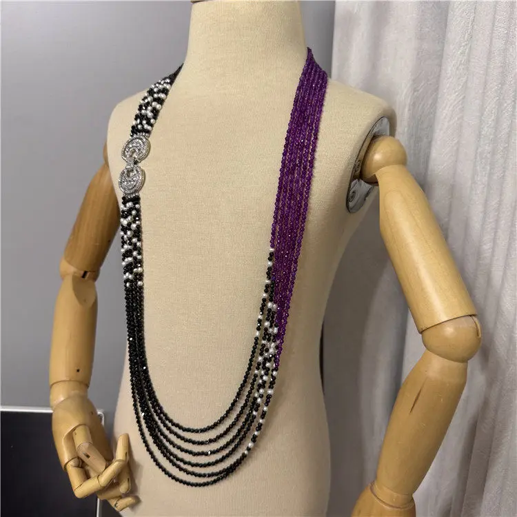 Black Spinel Pearl Long Sweater Fashion Women Neck Jewelry