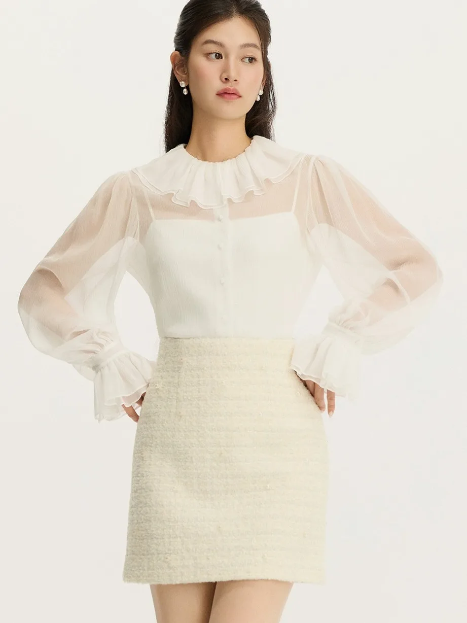 

Elegant Silk Shirt Translucent Long Sleeve Lotus Collar Women's High-End Sensation Commute Date Silk Blouse