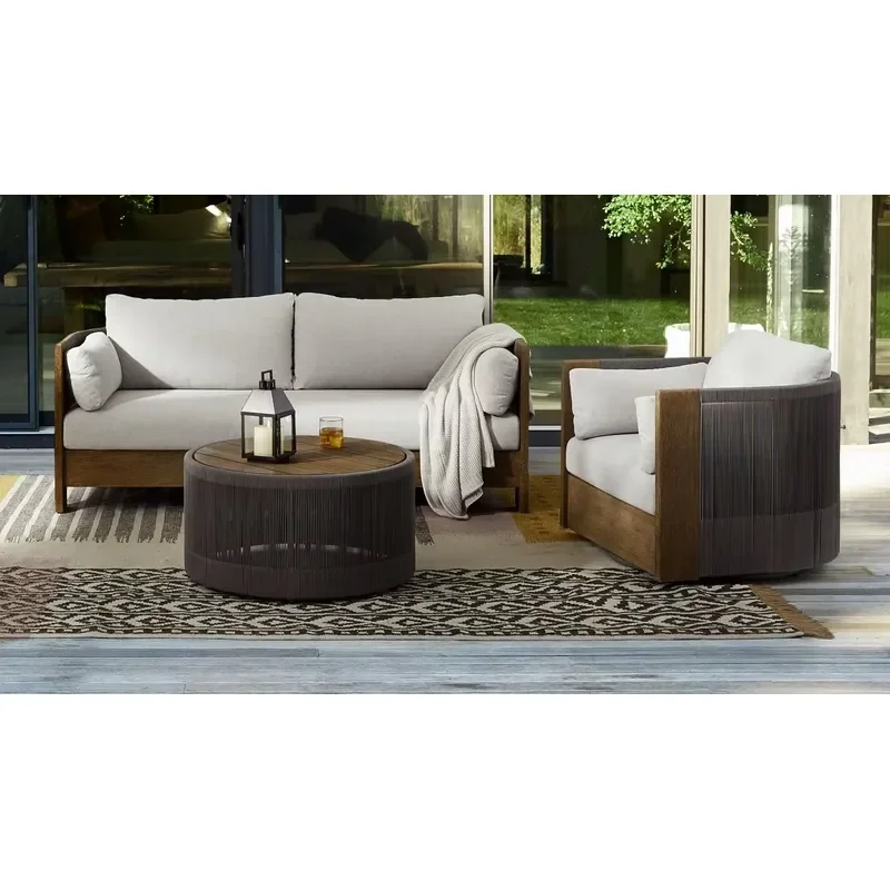 Modern Outdoor Garden Wicker Furniture Sets Patio Courtyard Rattan Sofa Set Teak Wood Frame Rope Outdoor Sofa