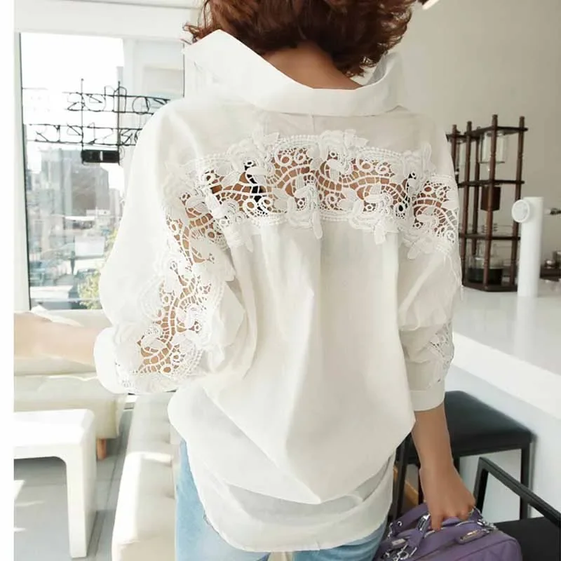 Sexy Hollow Out Lace Blouse Shirt Fashion Womens Tops  2020 Backless Half Sleeve Ladies Solid White Office Blouse Women 1310 40