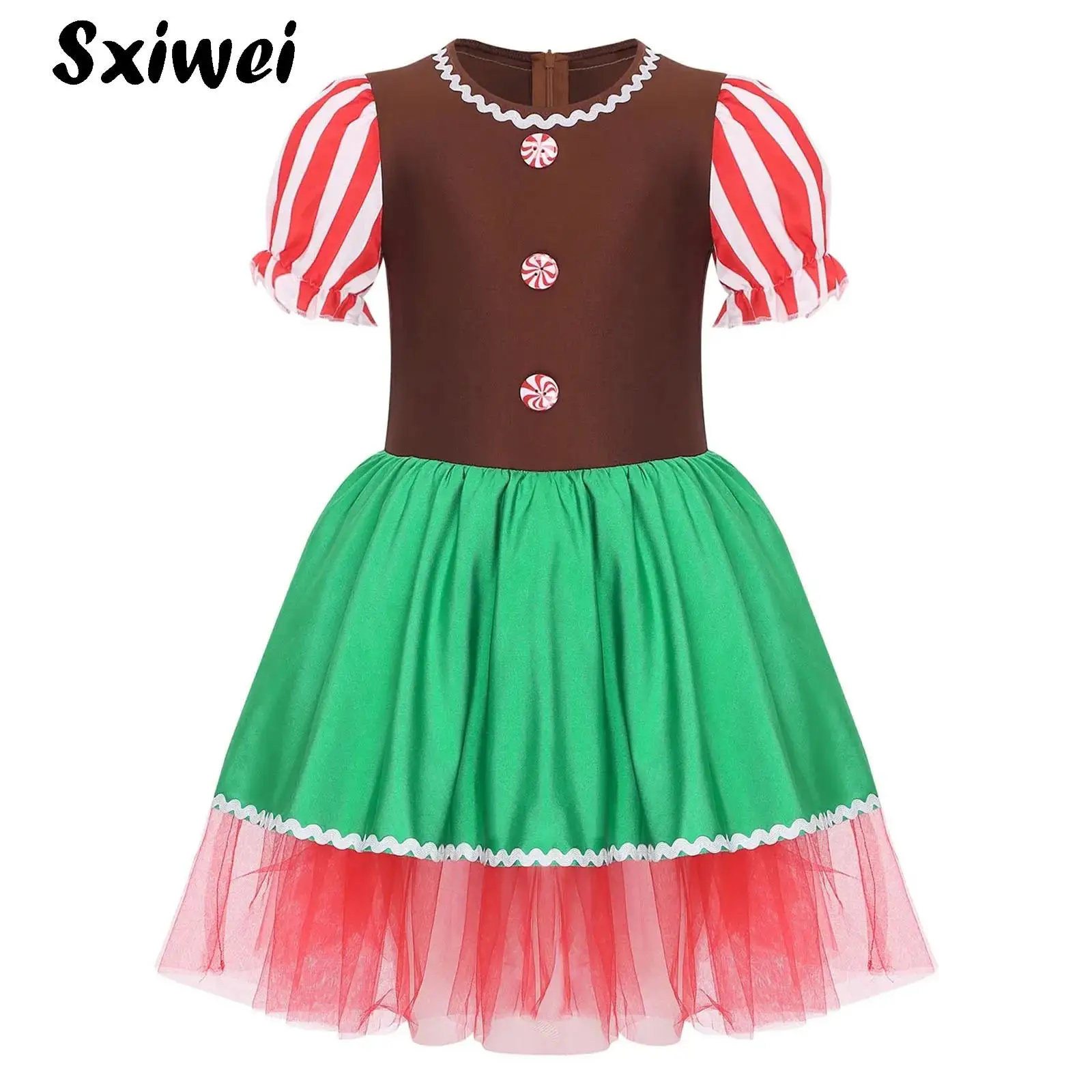 

Kids Girls Christmas Gingerbread Man Dance Costume Candy Cane Santa Cookie Man Cosplay Tutu Figure Skating Ballet Leotard Dress