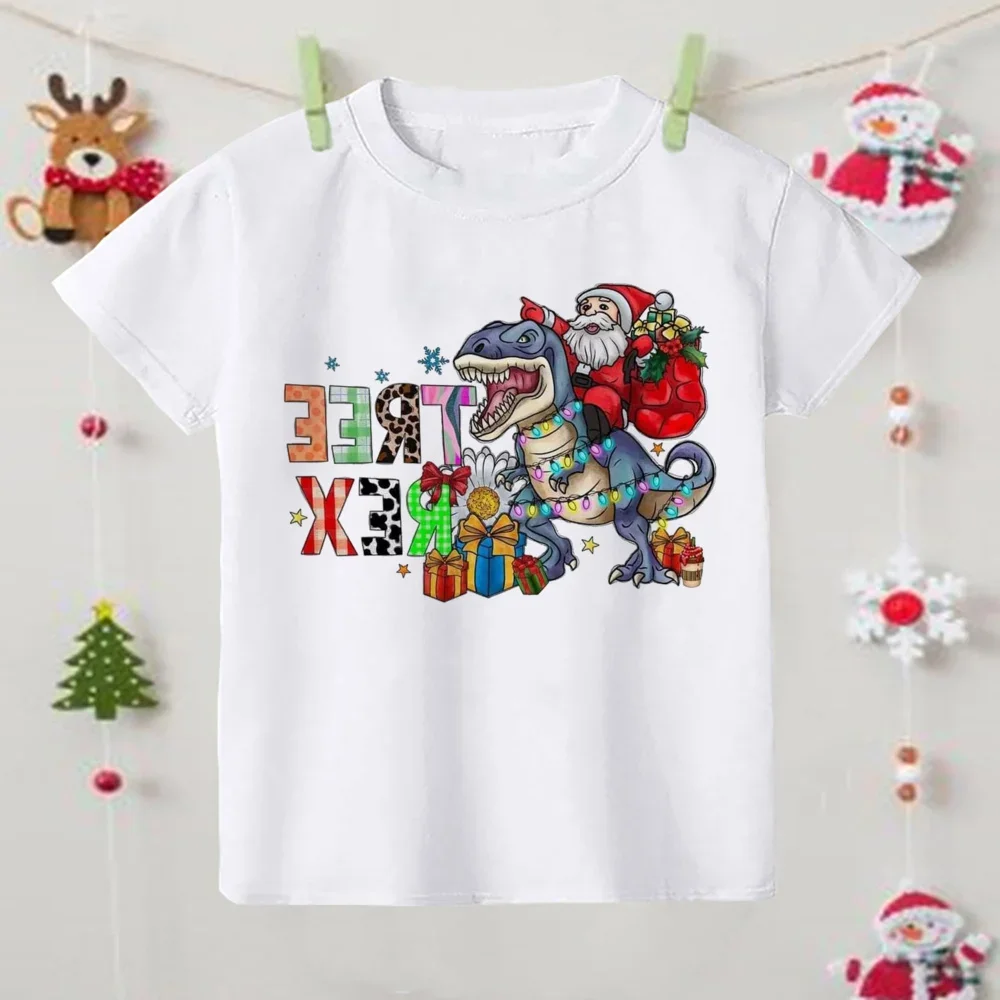 New Cartoon Dinosaur Print Shirt Christmas Child Clothes Boys Girls Short Sleeve T-shirt Kids Graphic Tee Christmas T Shirt Gift