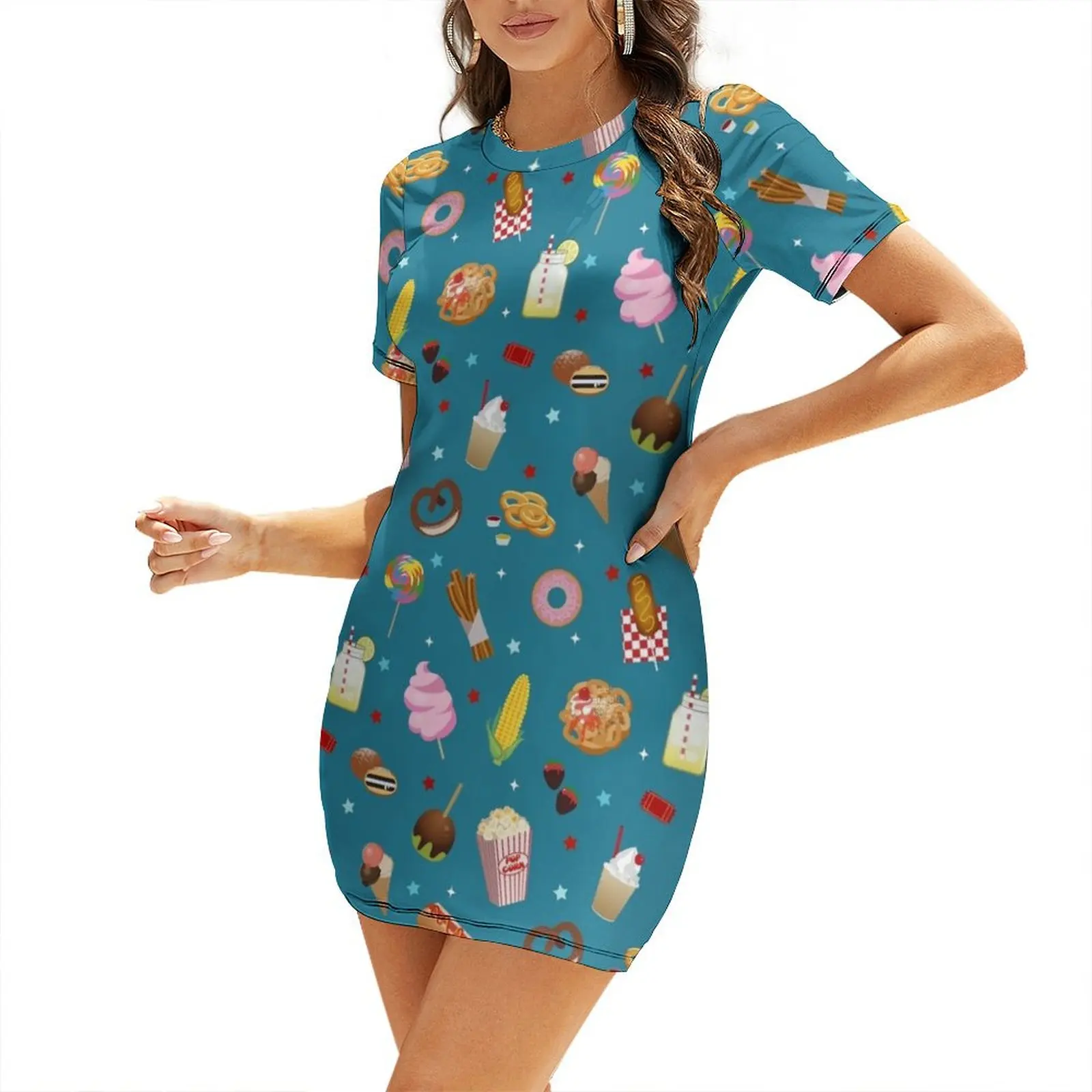 

State Fair Food, Carnival, Amusement Park, Fair Sweet Treats & Snacks Goals Short Sleeved Dress loose women's dress Dress