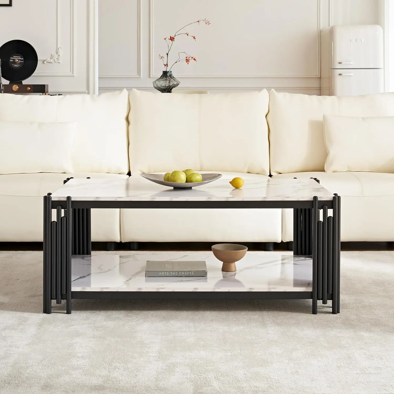 44.8" Modern 2-Tier Faux Marble Coffee Table - White Rectangular Center Table with Black Metal Frame,