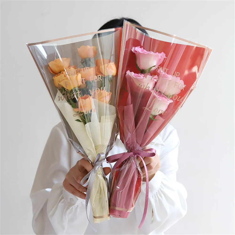 50PCs Rose Bouquet Wrapping Sleeve Plastic Bags Waterproof Valentine's Day Single Rose Flower Packaging Bag 2023 New