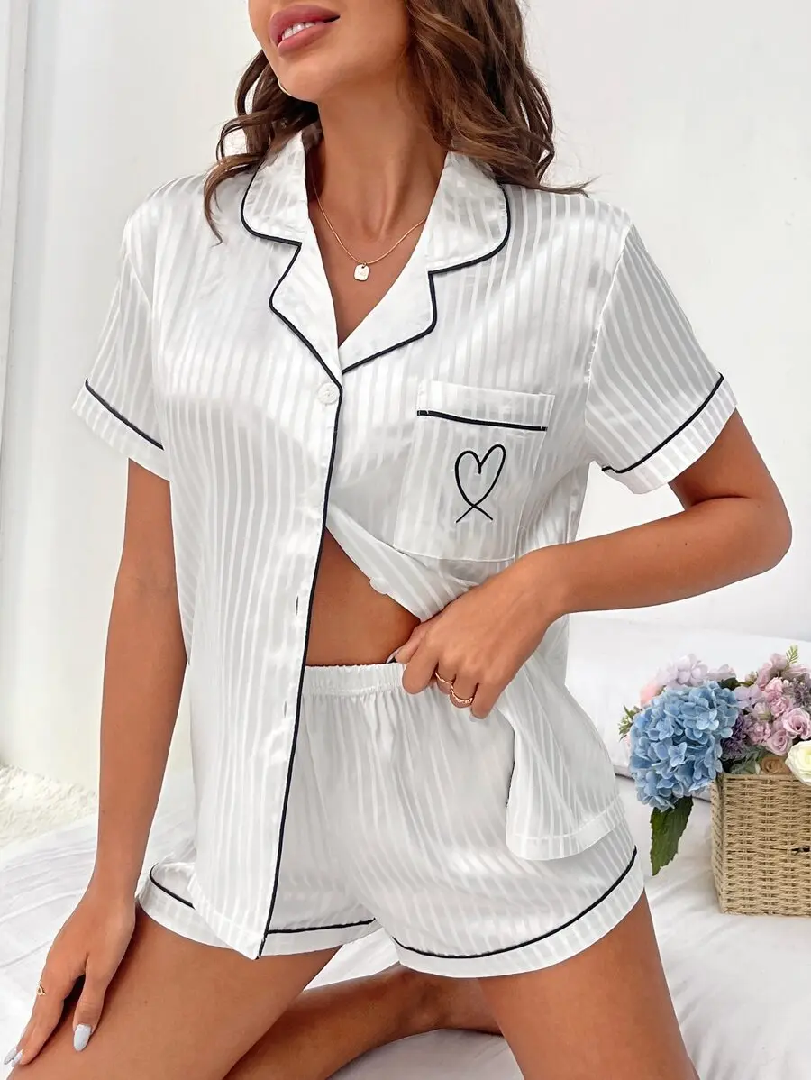 

White Striped Satin Pajama Set with Heart Embroidery and Contrast Piping