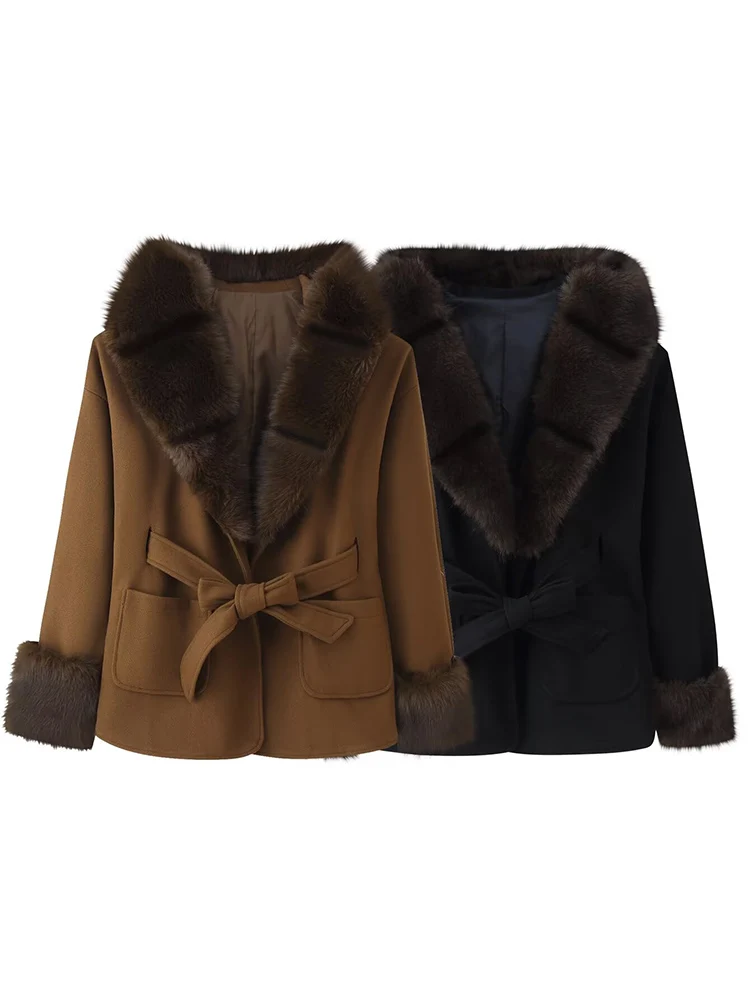 

New European-style women's fashion coat: stylish, versatile, figure-flattering, with a belt and fur-trimmed hood.