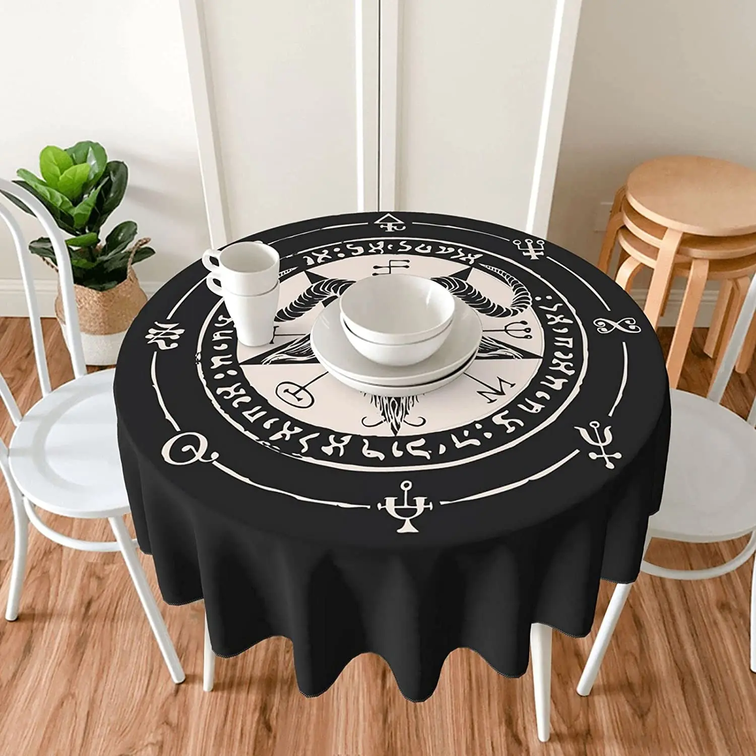 Satanic Black Goat and Pentagram Round Tablecloth 60 Inch Washable Polyester Table Cloth Water Resistant Spill Proof Table Cover