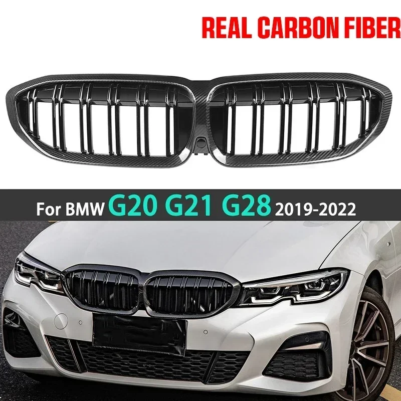 Replacement Dual Line Carbon Fiber Car Front Bumper +ABS Kidney Racing Grills For BMW 3 Series G20 G21 G28 Pre-LCI 2019-2022