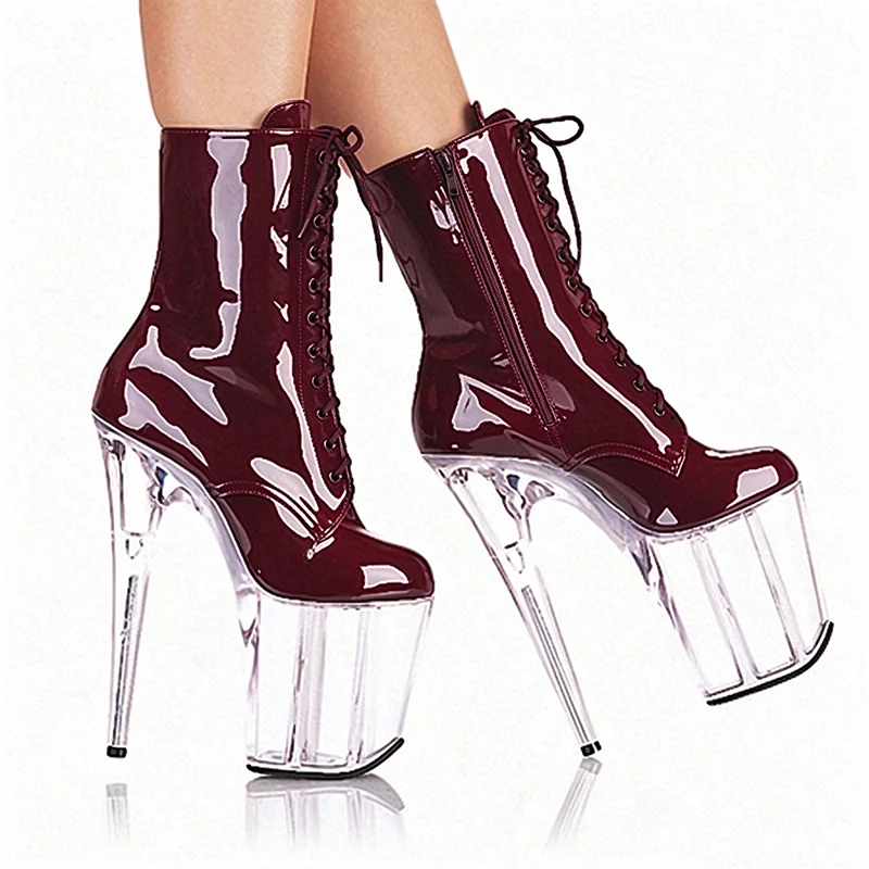 Sexy Leopard Print Patent Ankle Boots Clear Hollow Platform Extreme 20cm High Heels Lace Up Pole Dance Performance Women Boots