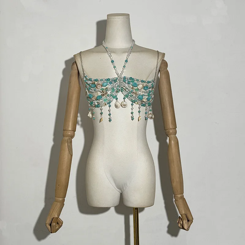 Beaded Neck Hanging Gemstone Top, Pearl Shell Backless Vest, Spicy Girl Sexy Strapless Music Festival Fashion Chest Accessory