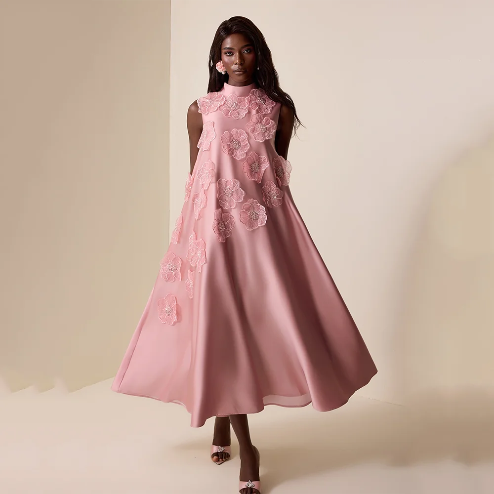 

Simple Evening Dresses High Collar Sleeveless A-line Satin Flowers Evening Gowns Tea-Length Prom Dresses Customized 2025