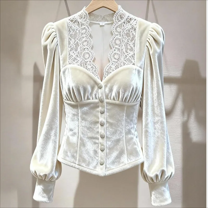 

Winter Shirt Exudes Sense High-end Elegance Light Luxury Youthful Char Stunning Look High-end French Bohemian White Velvet Top