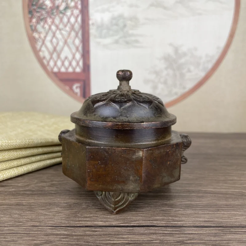 Old shell patina octagonal opening incense burner ornament, vintage collectible item for home and office desktop