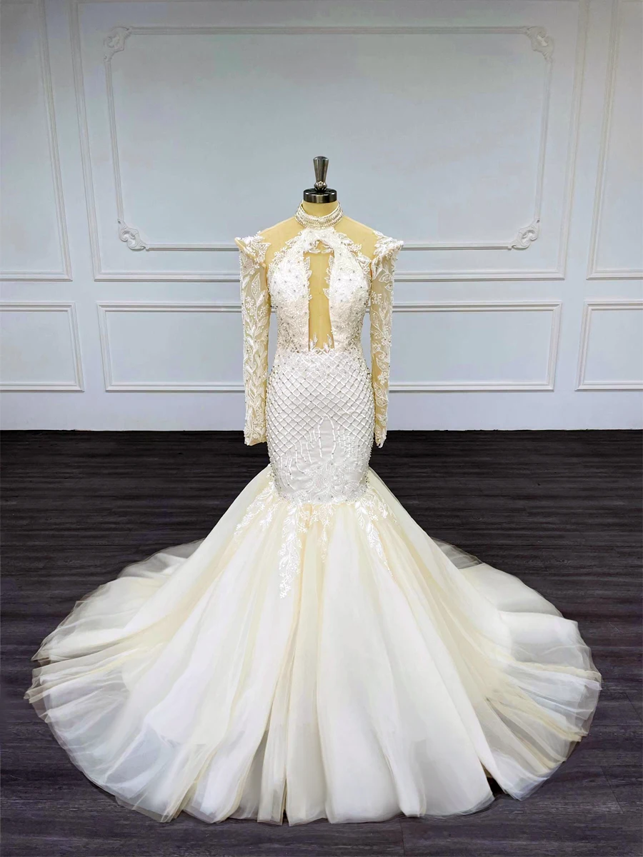 

Alonlivn CUSTOM MADE Mermaid Dresses With Full Sleeve Elegant Satin Bridal Gown