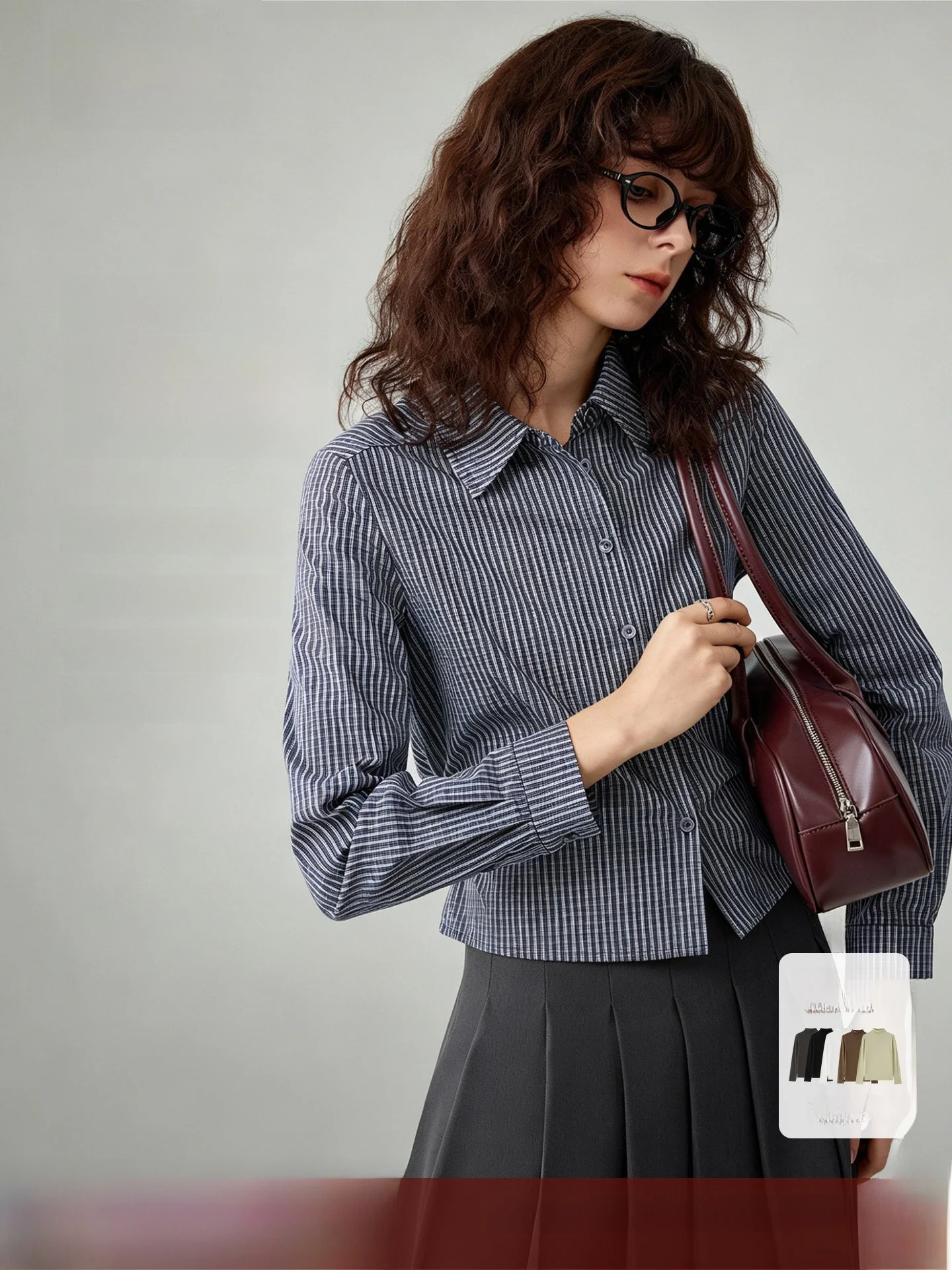 Ayk Home Madrid Fantasy Plaid Shirt Women's Style College Style Blue White Checkered Top Slim Fit Long Sleeve Short Length