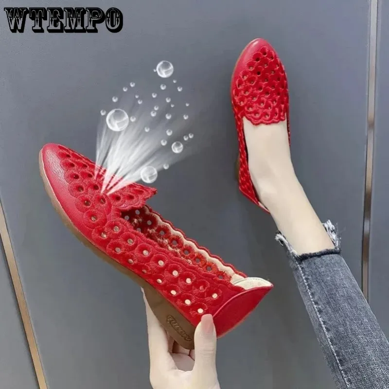 Hollow Red Leather Women\'s Soft Sole Pointed Toe Shallow Slip-on Simple Casual Commuting Korean Fashion Moccasin Drop Shipping