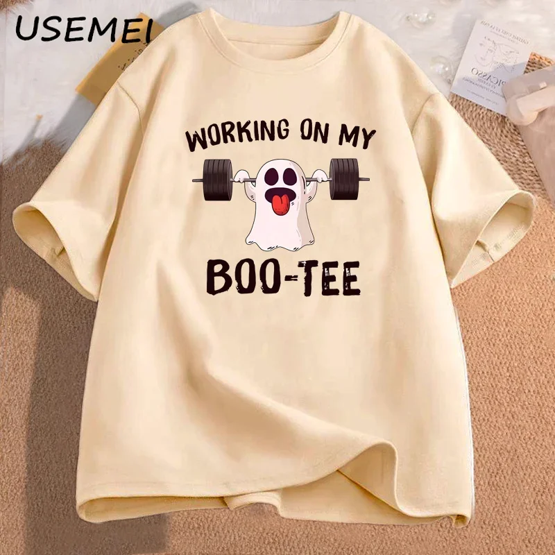 Working on My Booty Halloween T-shirt Women Men Fuuny Ghost Booty Weightlifting Halloween T Shirt Gym Spooky Tshirt Cotton Tops