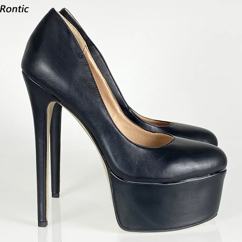 

Rontic Handmade Women Platform Pumps Faux Leather Sexy Stiletto Heels Round Toe Elegant Black Party Shoes US Size 5-20